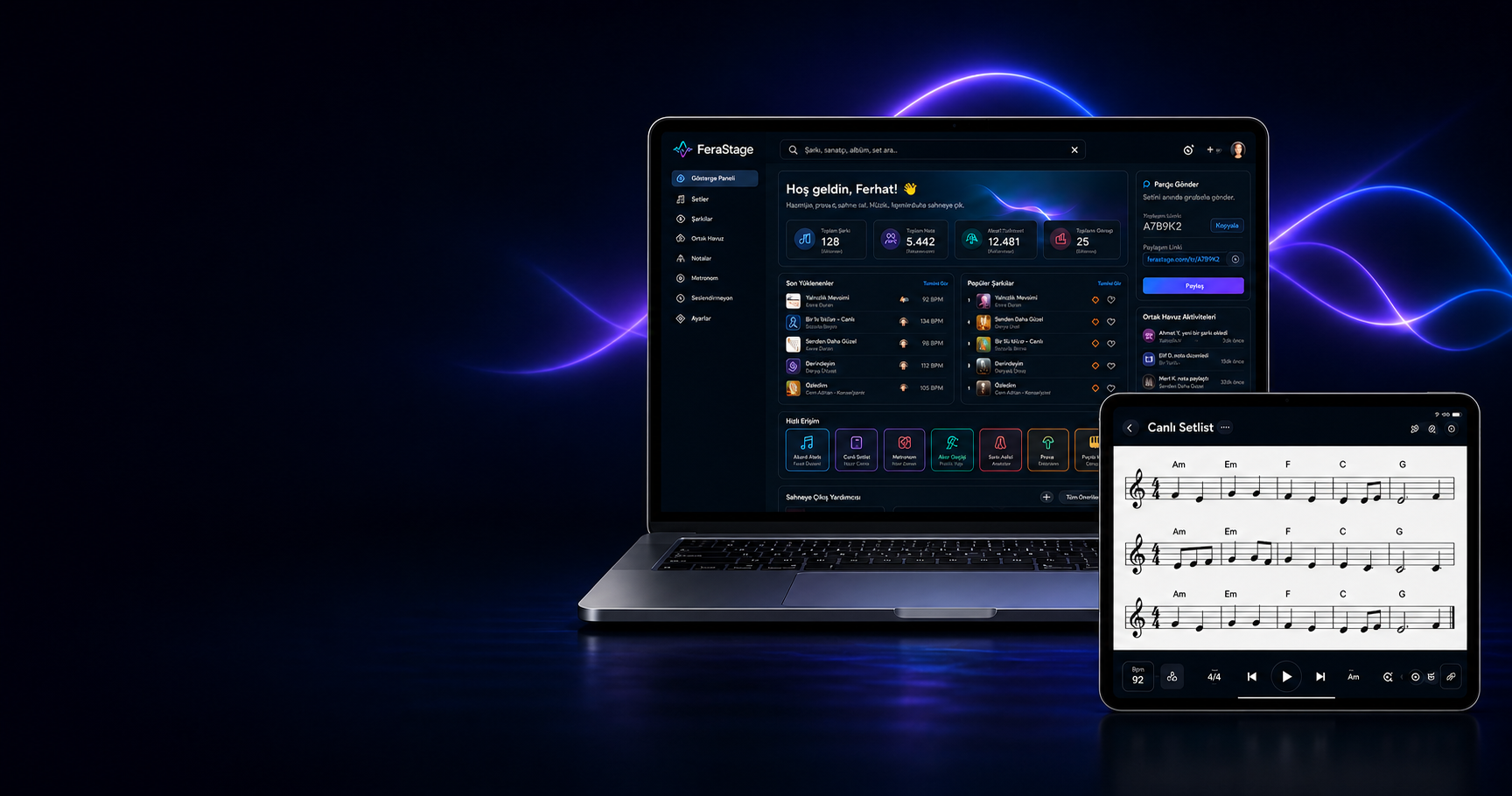 FeraStage dashboard, laptop ve iPad üzerinde beş çizgili profesyonel Canlı Setlist nota ekranı